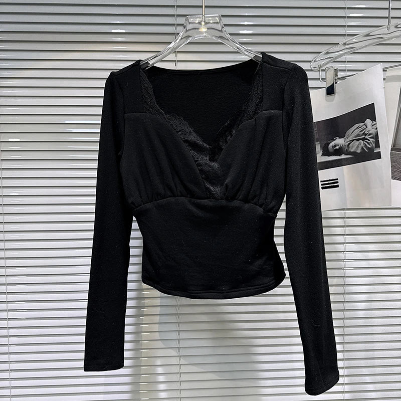 Winter New Elegant Fashion V-neck Lace Trim Design Long Sleeve Base Shirt For Women Slim Fit Tops Female 11A07606 Black