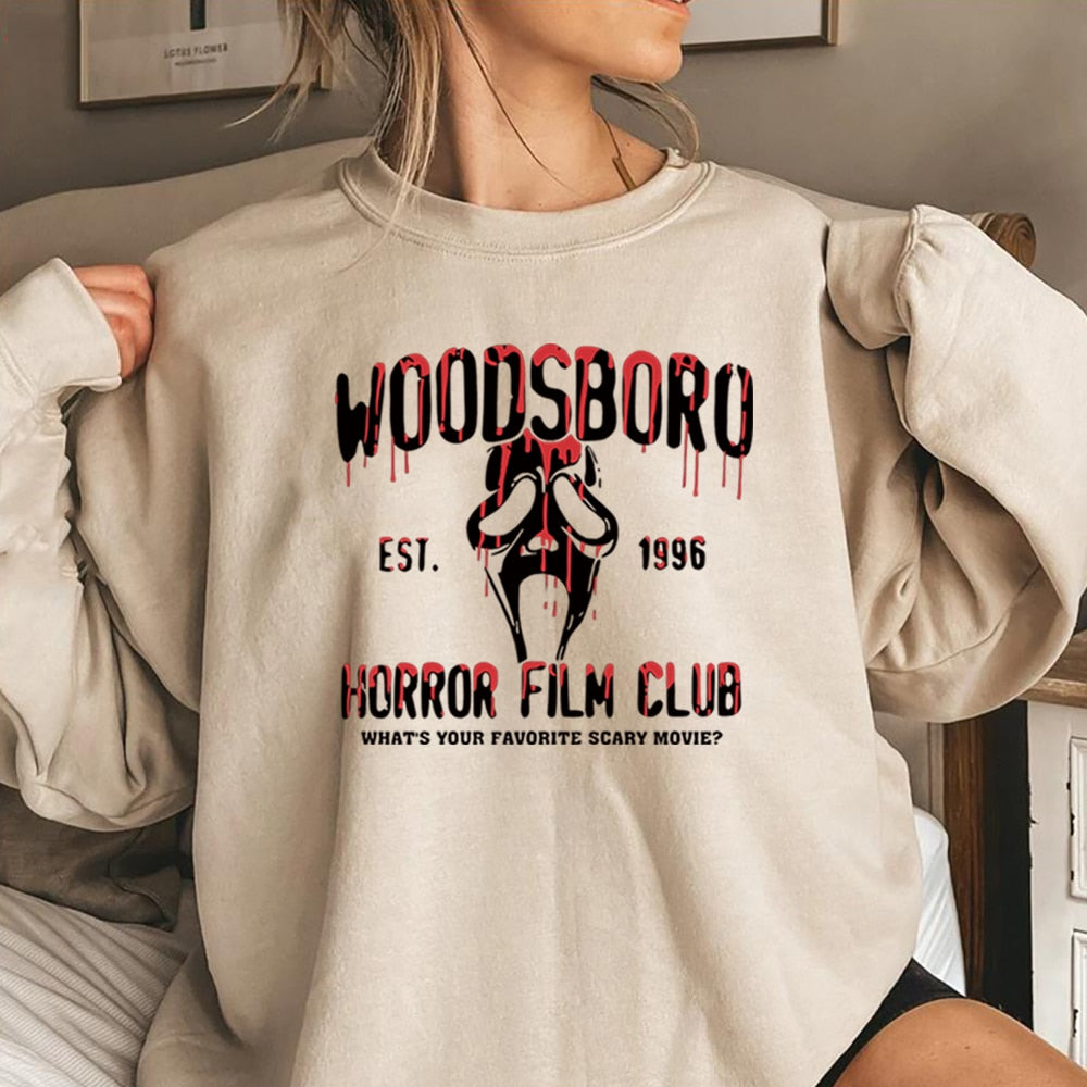 Scream Movie Woodsboro High Sweatshirt Ghostface Graphic Sweater Horror Film Club Halloween Crewneck Sweatshirts Hipster Tops Khaki