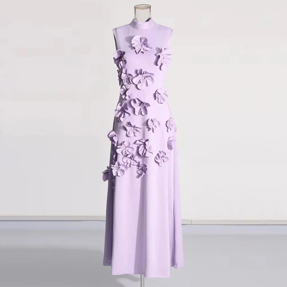 Solid Spliced Lace Up Dress For Women Stand Collar Sleeveless High Waist Patchwork Applique Maxi Dresses Female PURPLE