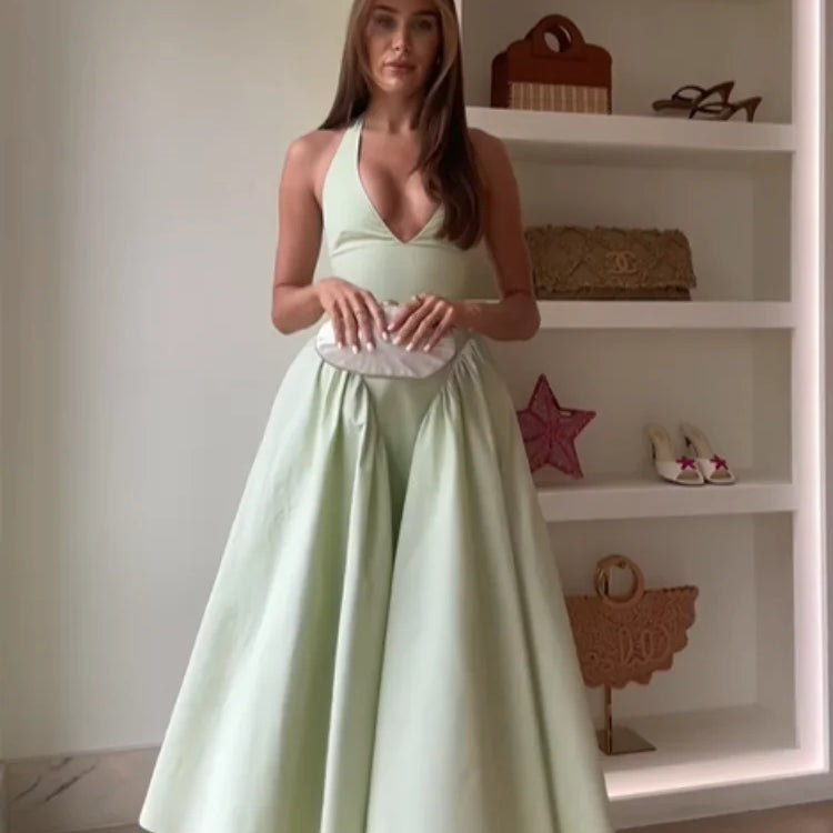 Women's High Waisted V-neck Lace Up Halter Dresses Sexy Sleeveless Backless A-line Dress Summer New Fashion Beach Vacation Robes Black