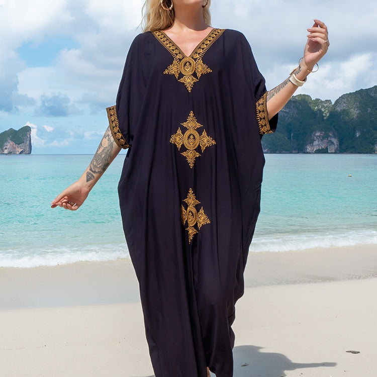 Vintage Embroidery Kaftan Sexy V-neck Batwing Sleeve High Waist Maxi Dress Tunic Women Clothing Summer Beach Dresses Q660 Q1373-Black One Size