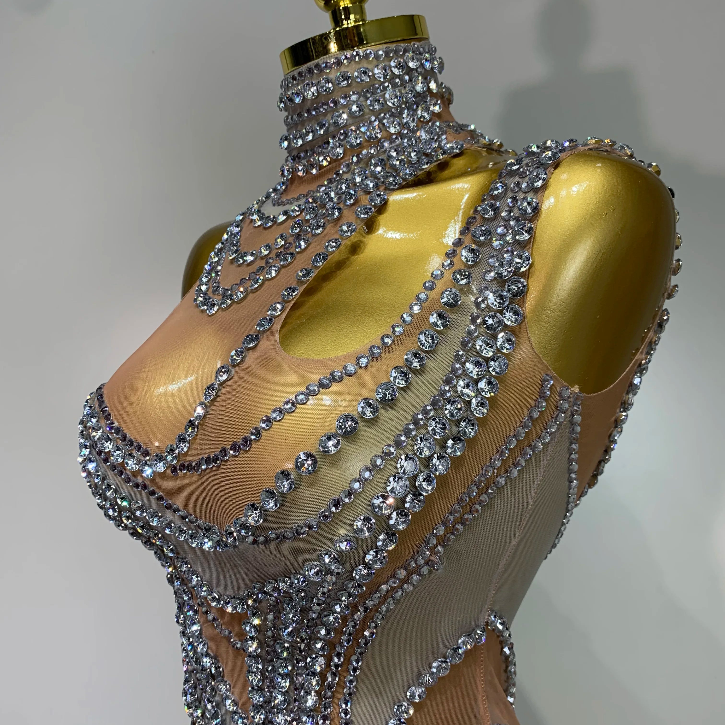 Sparkly Crystals See Through Women Cocktail Dresses Celebrate Birthday Party Gowns Singer Performance Stretch Stage Costume