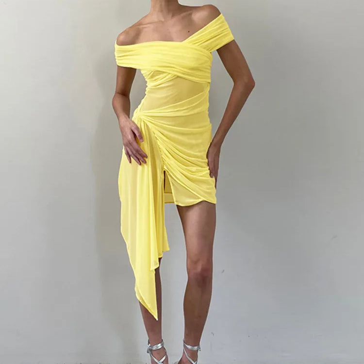 Off-shoulder Strapless Sexy Mini Dress For Women Fashion Irregular Mesh Beach Holiday Draped Ruched Bodycon Dress