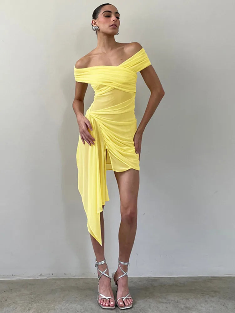 Off-shoulder Strapless Sexy Mini Dress For Women Fashion Irregular Mesh Beach Holiday Draped Ruched Bodycon Dress