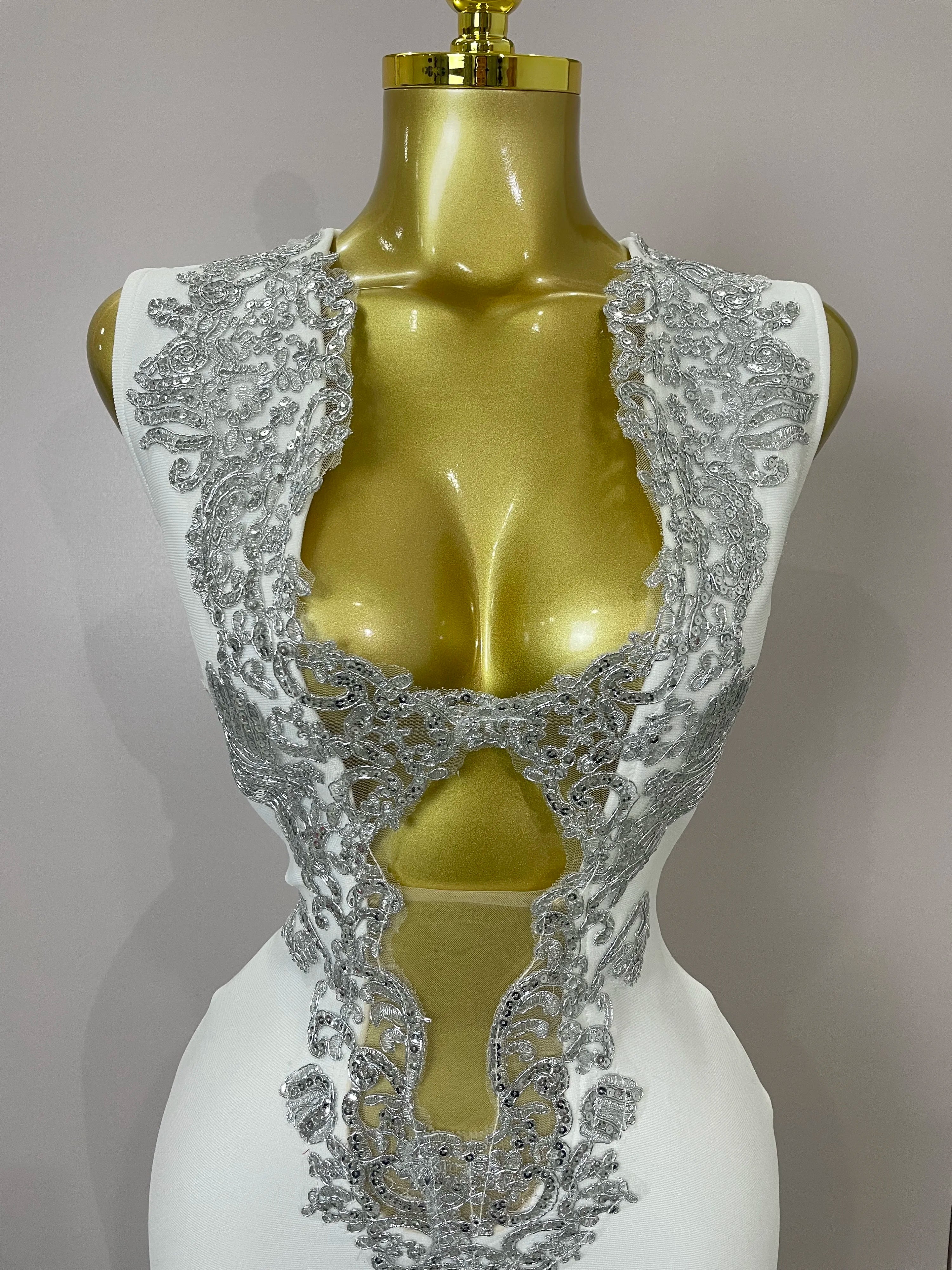 Sexy Silver Sequin White V Neck Cut Out Short Bandage Dress Women 2025 New Elegant Luxury Birthday Party Club Wedding Vestidos