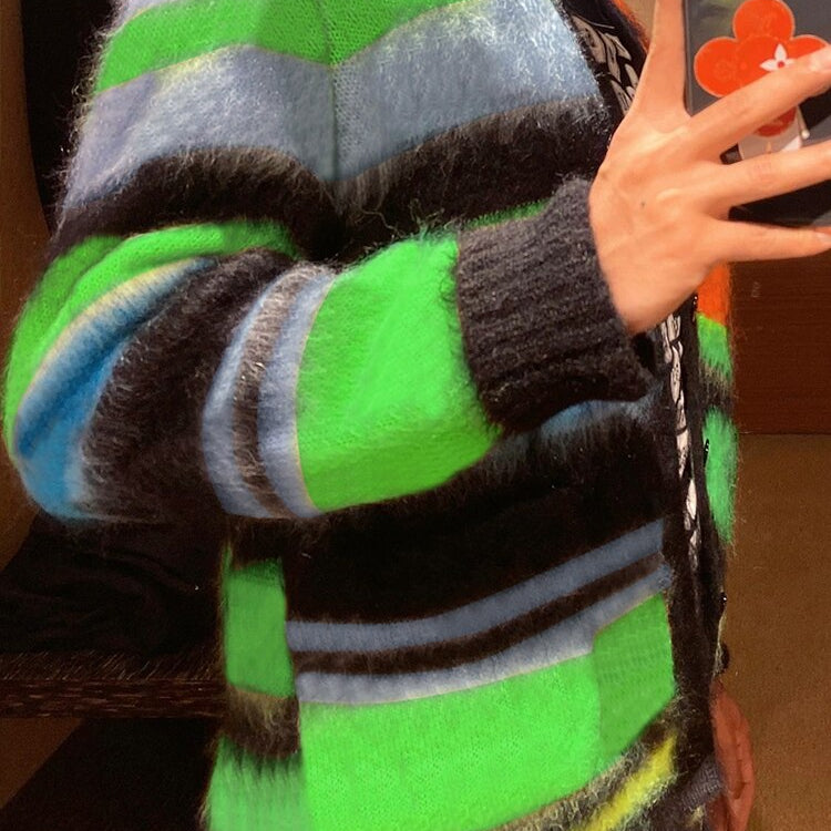 Weird Puss 2022 Cardigan Sweater Y2K Women Button Contrast Color Patchwork V-Neck Lantern Sleeve Top Street Hipster Loose Coat