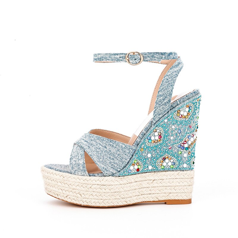 Summer New Suede Thick Bottom Wedge Sandals Round Head Diamond Inlaid Super High Heel Buckle Platform Fashion Sandals