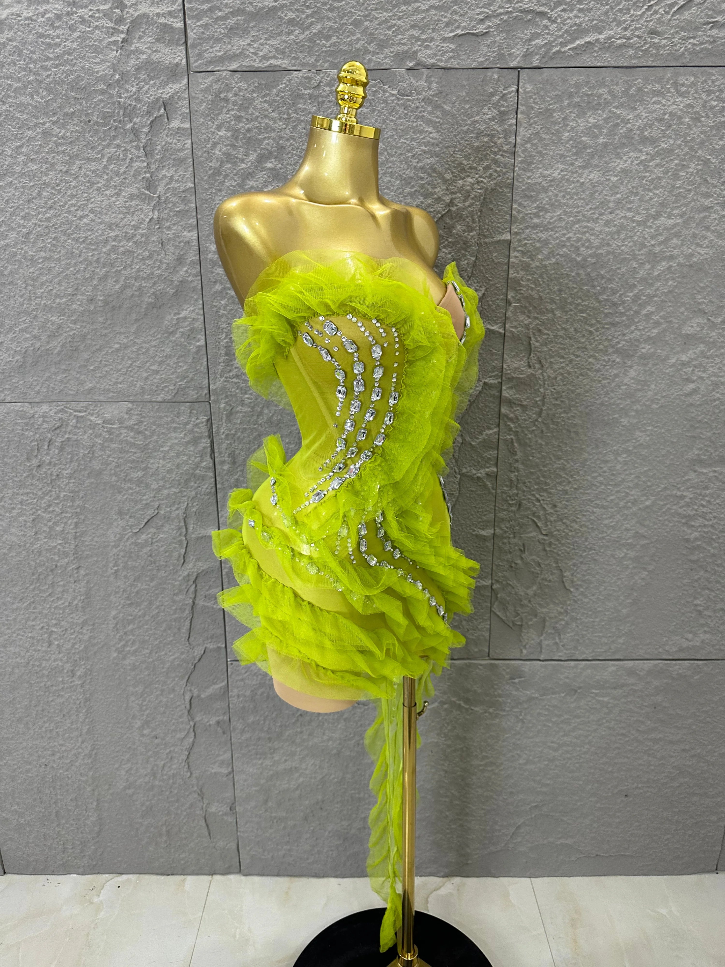 Luxury Green Sheer Mesh Ruffle Dress Neck Crystal Rhinestone Trim Cut Out Slim Fit Evening Wedding Guest Cocktail Party Dress