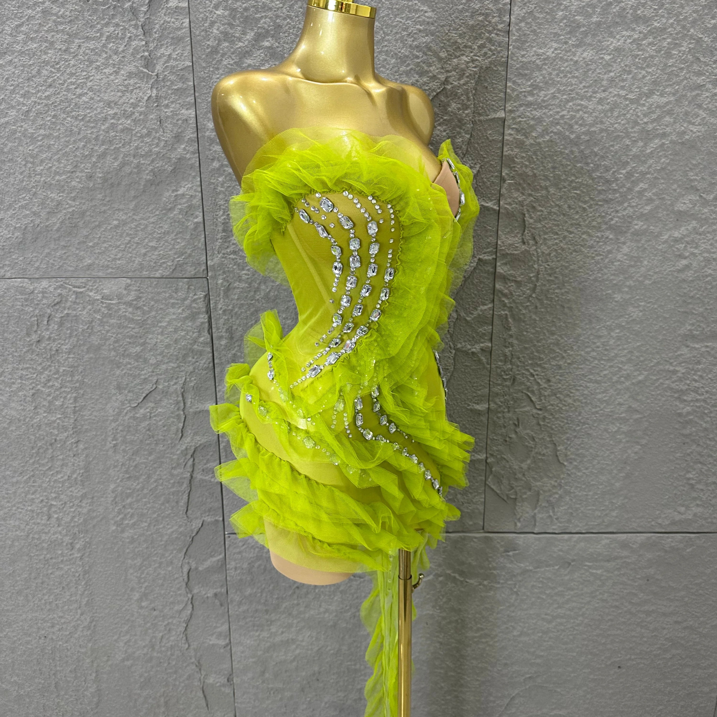 Luxury Green Sheer Mesh Ruffle Dress Neck Crystal Rhinestone Trim Cut Out Slim Fit Evening Wedding Guest Cocktail Party Dress