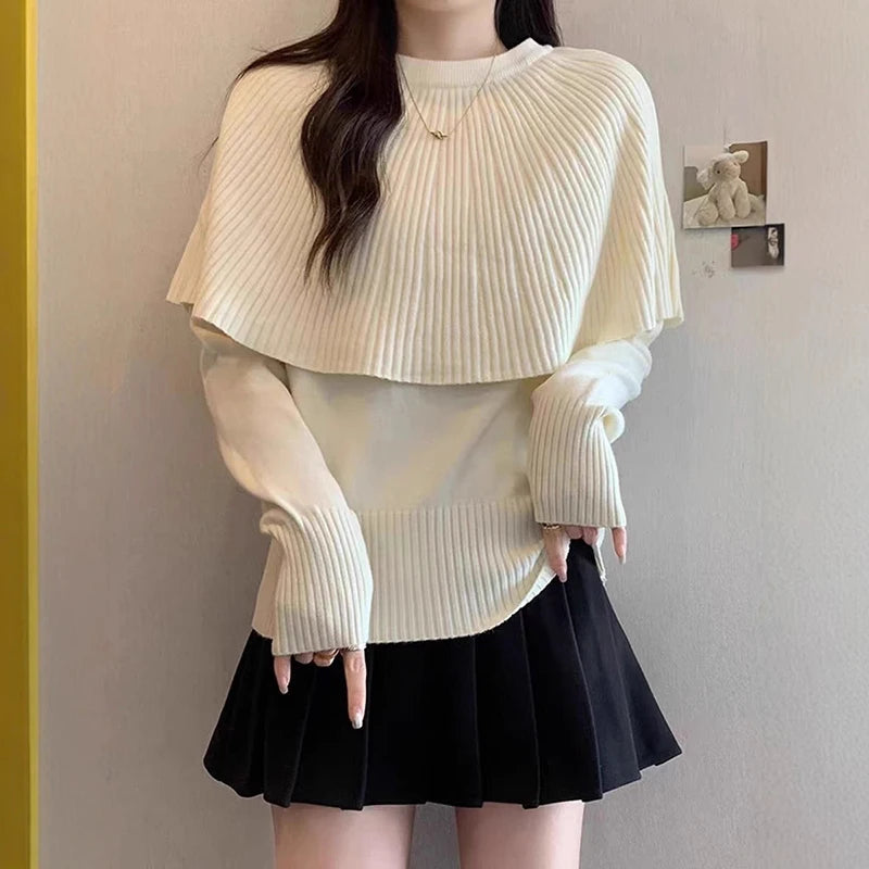 Autumn Winter New Design Fake Two-Piece Shawl Long Sleeve Pullover Sweater For Women Knitted Top Female Trend 11A07562