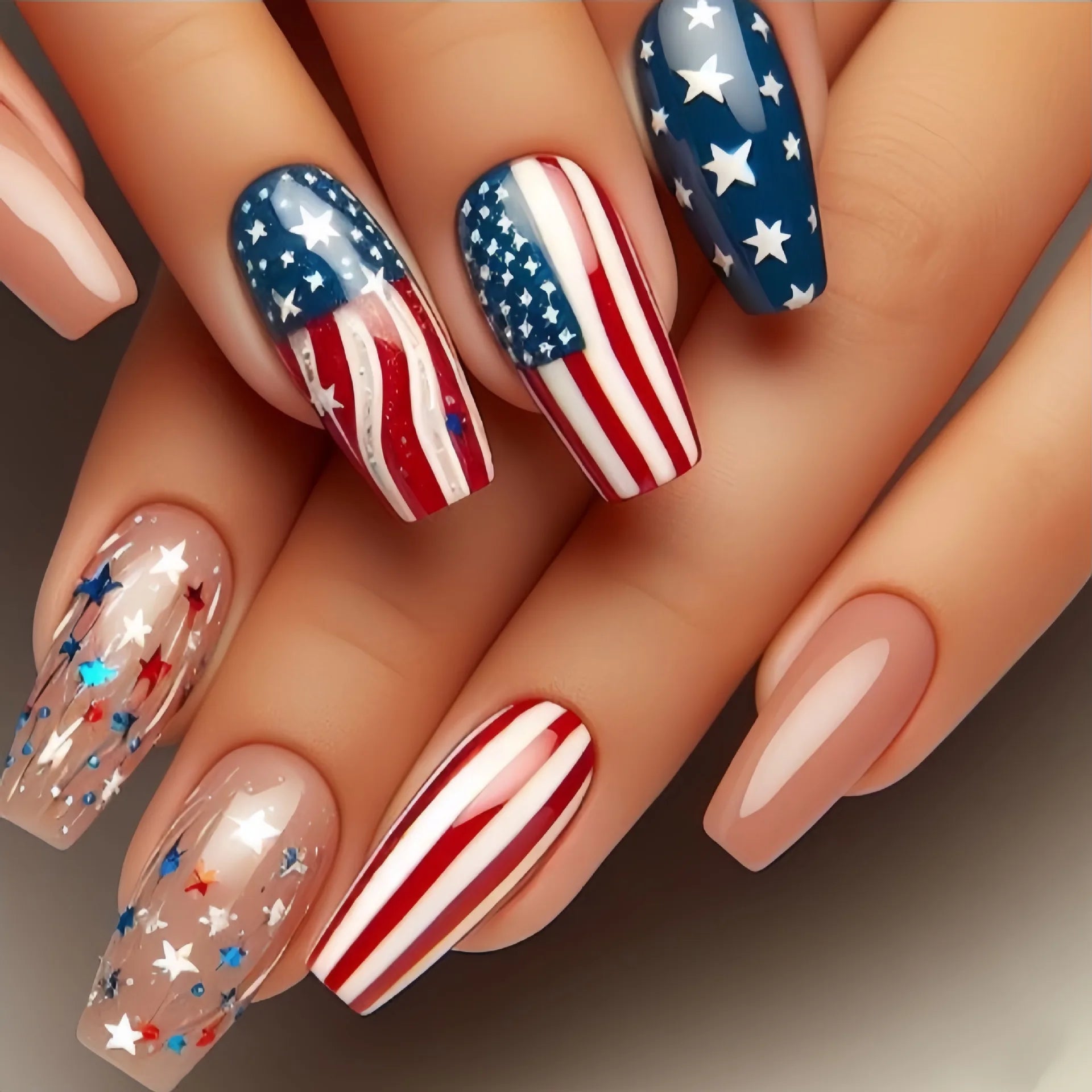 24pcs/set Short Medium square ballet fake nails tip for American Independence Day blue red flowers star flag press on false nail 2071