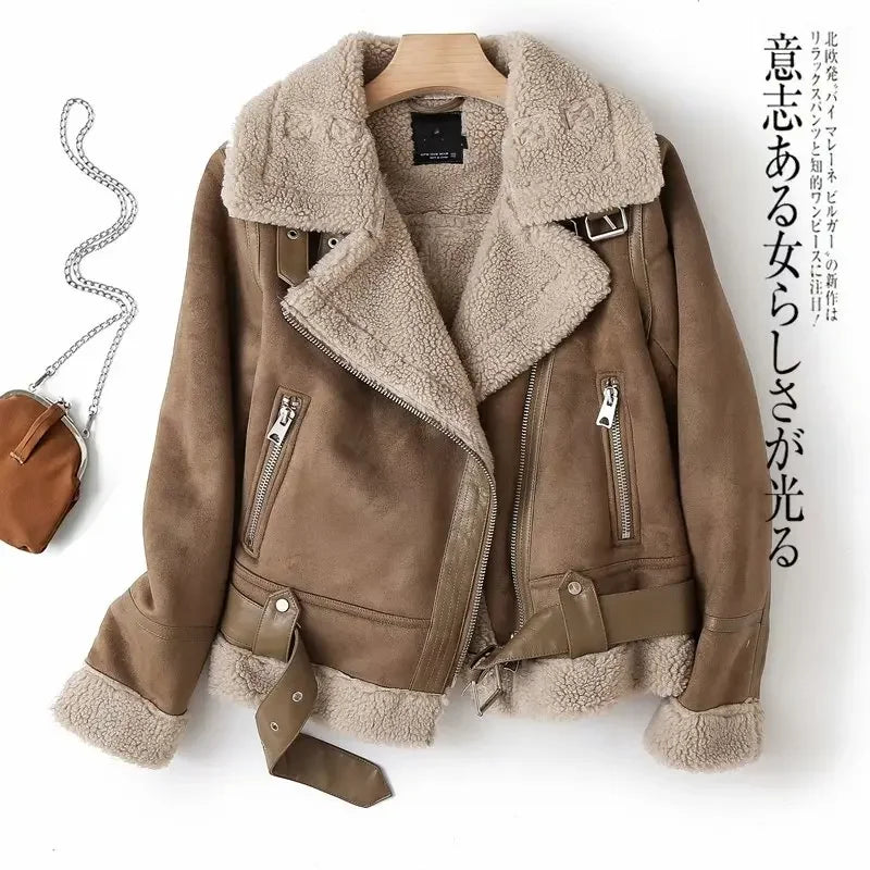 Women Winter Faux Shearling Sheepskin Fake Leather Jackets Lady Thick Warm Suede Lambs Short Motorcycle Brown Coats Leather Brown