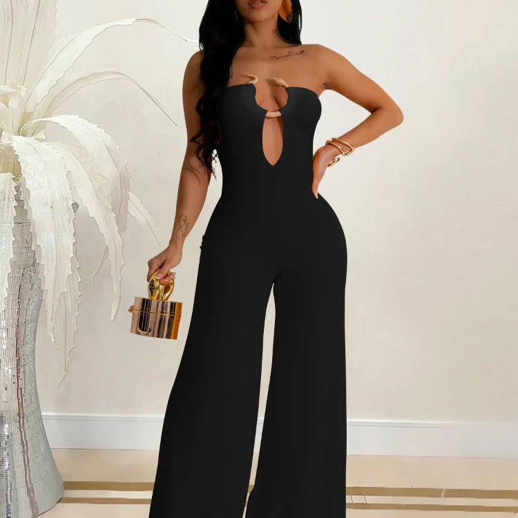 Women Wide Leg Deep V-Neck Sleeveless Jumpsuits 2024 Summer Hollow Out Night Street Club Playsuit One Piece Suit Romper