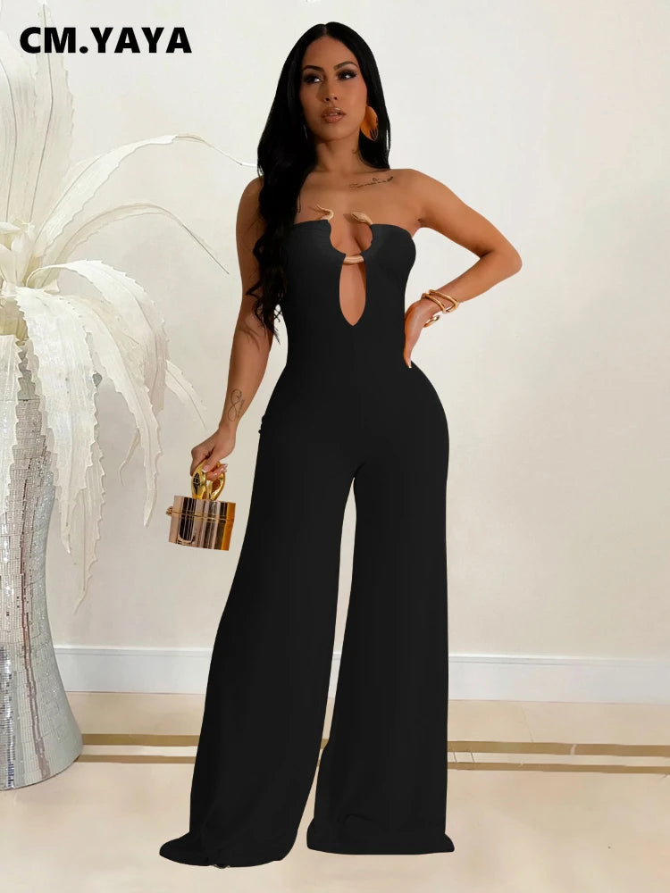 Women Wide Leg Deep V-Neck Sleeveless Jumpsuits 2024 Summer Hollow Out Night Street Club Playsuit One Piece Suit Romper