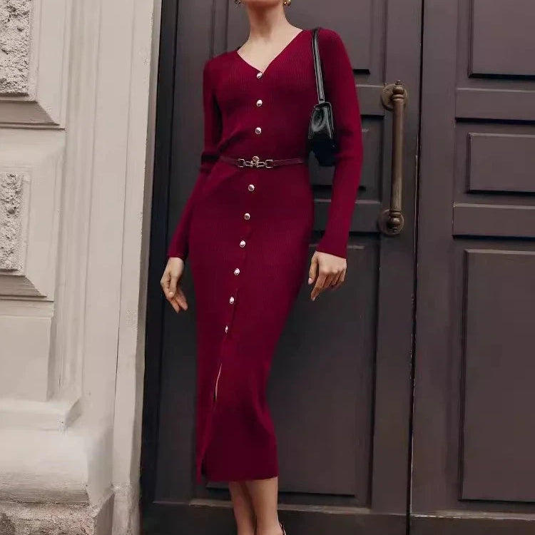 Elegant Long Sleeve Sweater Dress for Women Fashion Single Breasted Knit Maxi Dress Autumn Winter Slit Evening Party Dress 2024 Claret