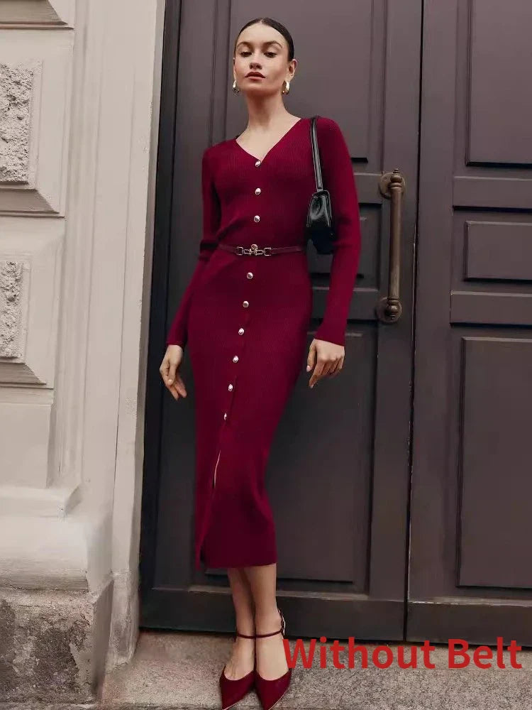 Elegant Long Sleeve Sweater Dress for Women Fashion Single Breasted Knit Maxi Dress Autumn Winter Slit Evening Party Dress 2024 Claret
