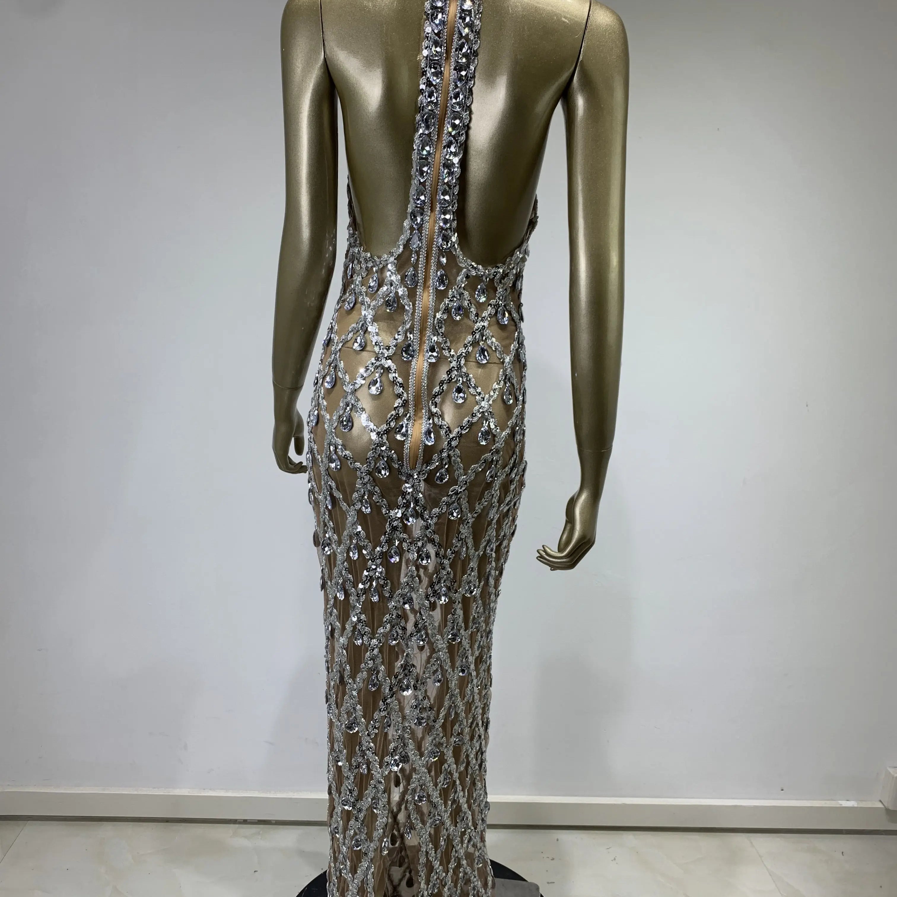 Stock Women Luxury Sexy Mesh Crystal Diamonds Beading Long Dress Birthday Party Costume Bar Nightclub Stage Performance Dress