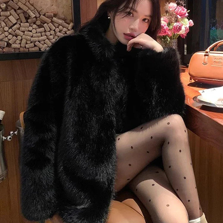 Autumn Winter Black Soft Thick Warm Hairy Shaggy Faux Fox Fur Coat Women Stand Collar Long Sleeve Fluffy Jacket 2023