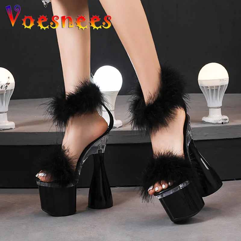Women's 17.5CM Ultra High Heel Black White Red Platform Sandals Summer Fashion Furry Open Toe Nightclub Stage Round Heels Shoes