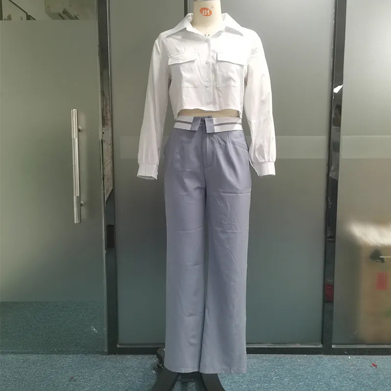 Women Two Piece Set Autumn Office Simple Solid Lapel Long Lantern Sleeve Single Breasted Button Shirt Top Loose Pants Set