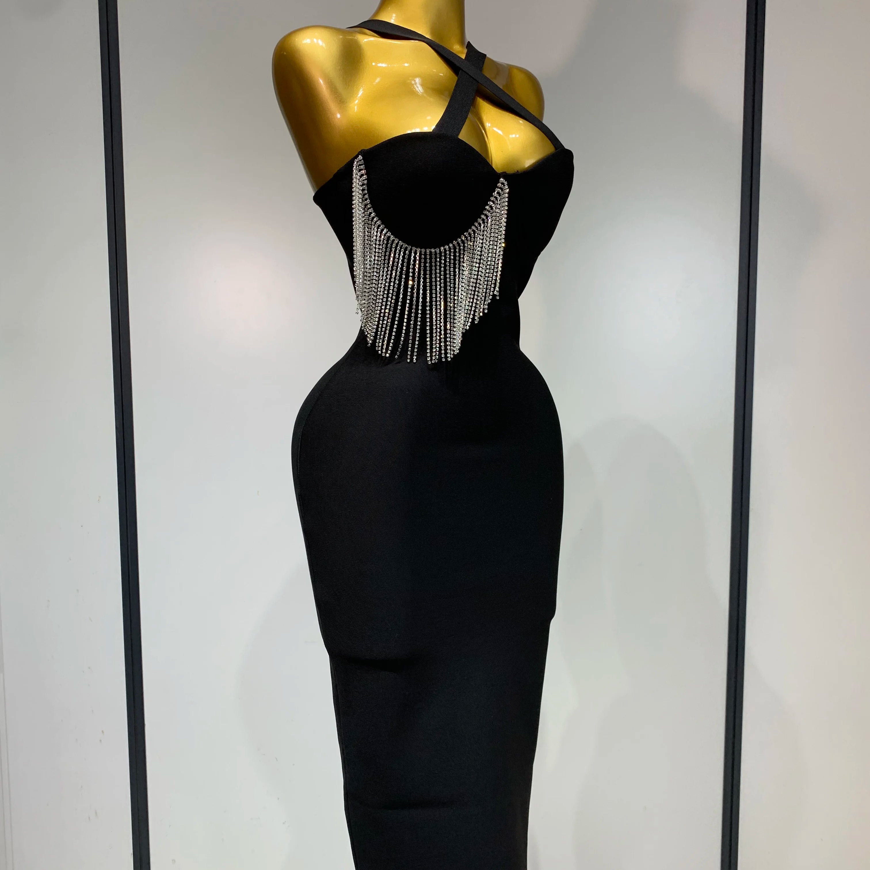 Women Sexy Diamonds Tassel Crystal Midi Black Bodycon Bandage Dress 2025 Elegant Evening Party Luxury Birthday Dresses Vestido