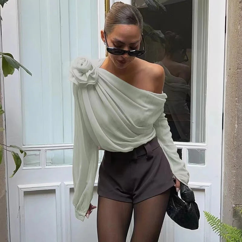 New Sexy Skew Collar Floral Applique Mesh Chiffon Tops For Women Elegant Fashion Club Cropped Tops See Through Pullover Green SY59