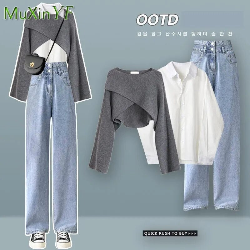 Women's Autumn Winter New Suit 2024 Fashion Knit Cross Sweater+Shirt+Jeans Three Piece Korean Elegant Denim Pants Matching Set