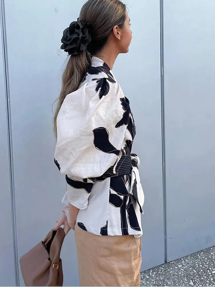 Fashion Flower Print Belt Women Shirts Spring Summer Elegant Slim Lapel Puff Sleeve Blouses Vintage Lady Office Streetwear