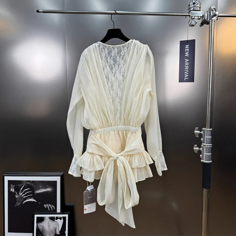 Autumn Winter New Fashion Lace Patchwork Ribbon Shirt Dress For Women High-end Elegant With Shorts Dress 11A07615