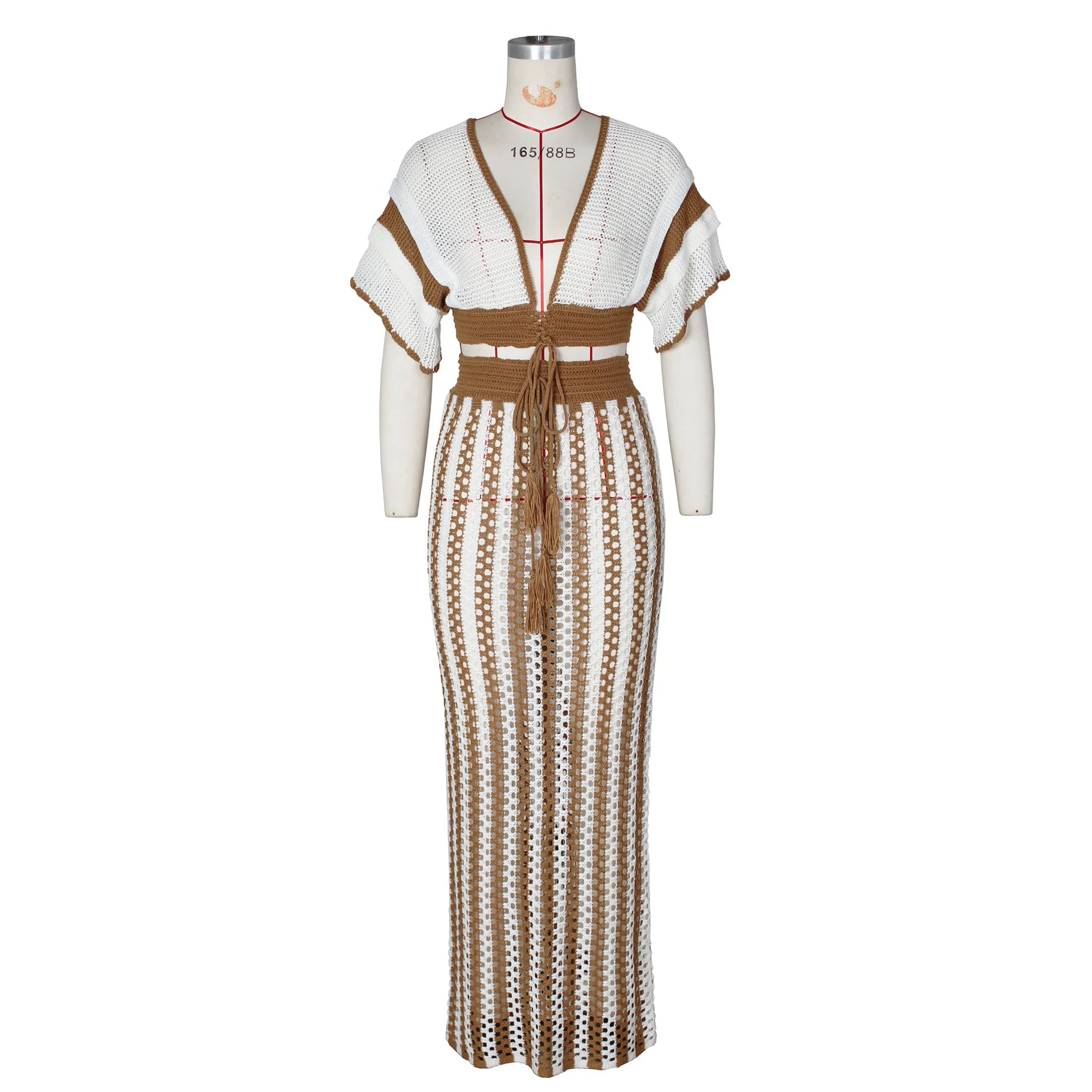 Women's Set Short Sleeve V-neck Top + Long Skirts Suit Summer Knitted Hollow Out Streetwear Beach Sexy Two 2 Piece Sets