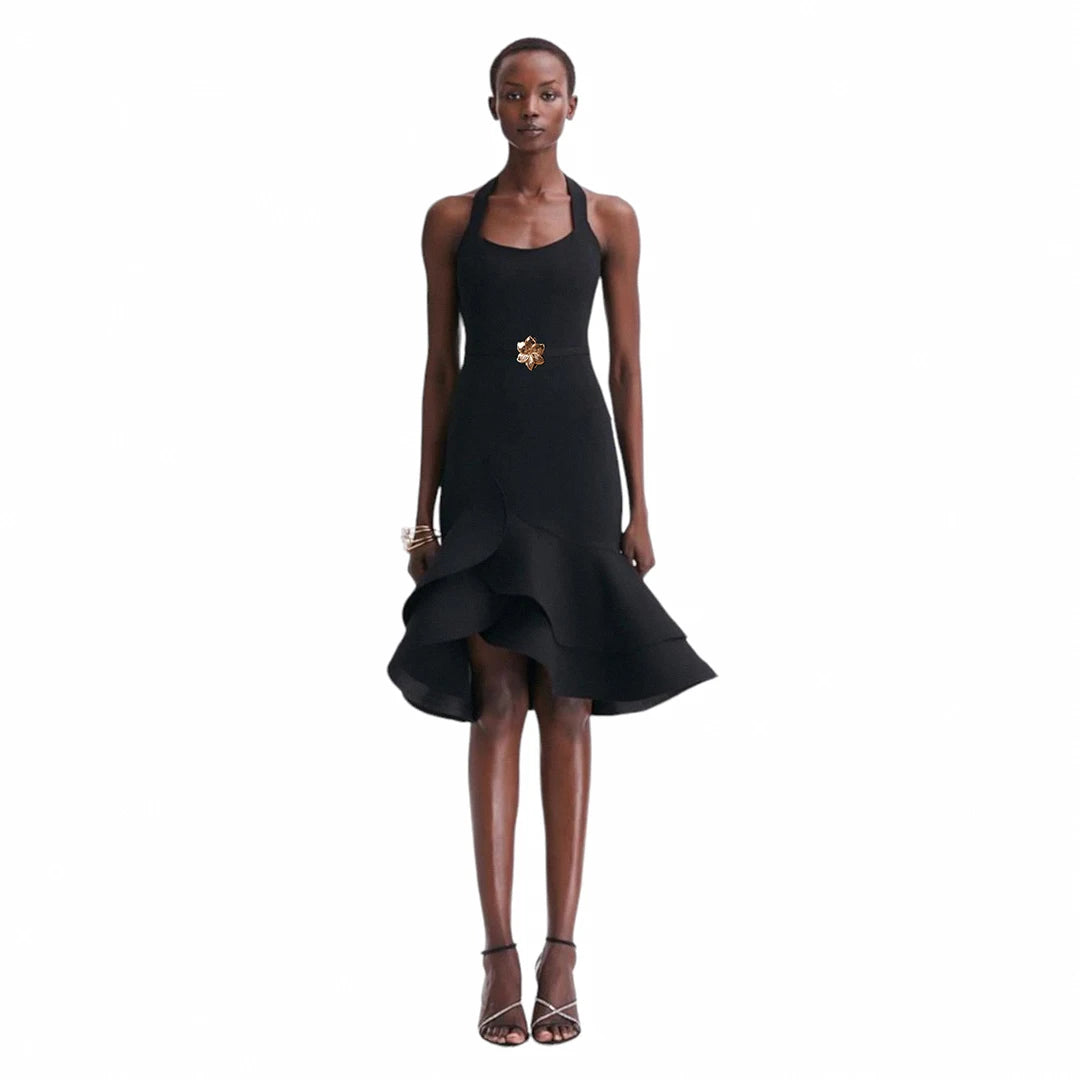 Elegant Black Halter Neck Midi Dress with Ruffle Asymmetric Hem Chic Women Sexy Evening Party Birthday Celebrate Dress Vestido black