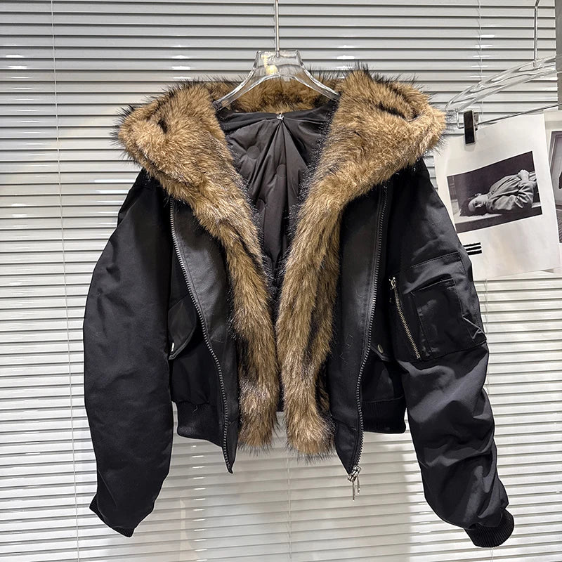 Winter New Fashion Furry Patchwork Motorcycle Cotton-padded Jacket For Women Hooded Zipper Warm Coat Female 11A07604 Black One Size