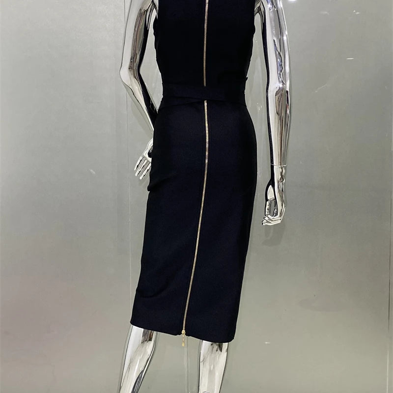 Women Sleeveless Sexy V-Neck Bodycon Midi Bandage Dress Fashion Celebrate Nightclub Party Birthday Dress