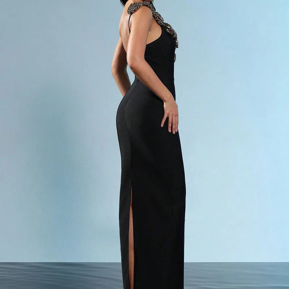 2024 Sexy Women's Light Luxury Sparkle Flower Design Bandage Dress One Shoulder Sleeveless Bodycon Long Dresses Party Vestidos