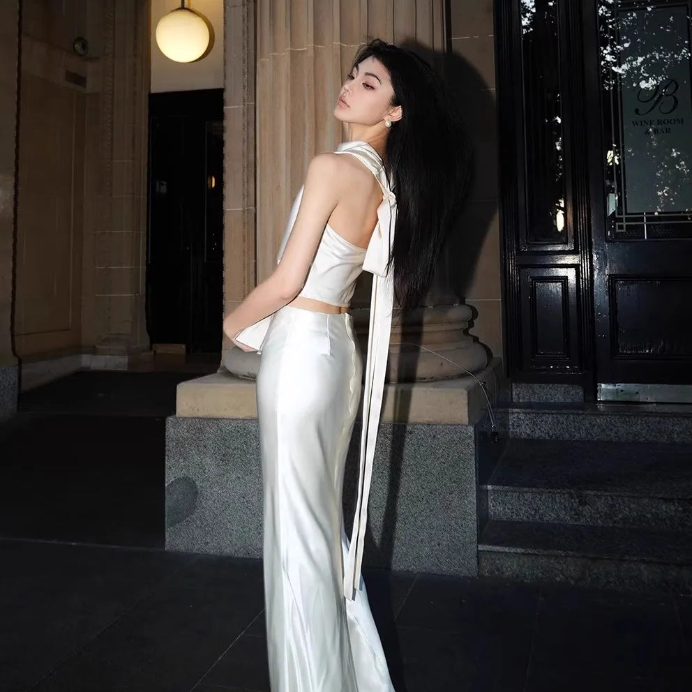 Lautaro Spring Autumn Soft Flowy Acetate Floor Length Trumpet Skirt Women Elegant Chic Luxury Designer High Quality Clothes 2025