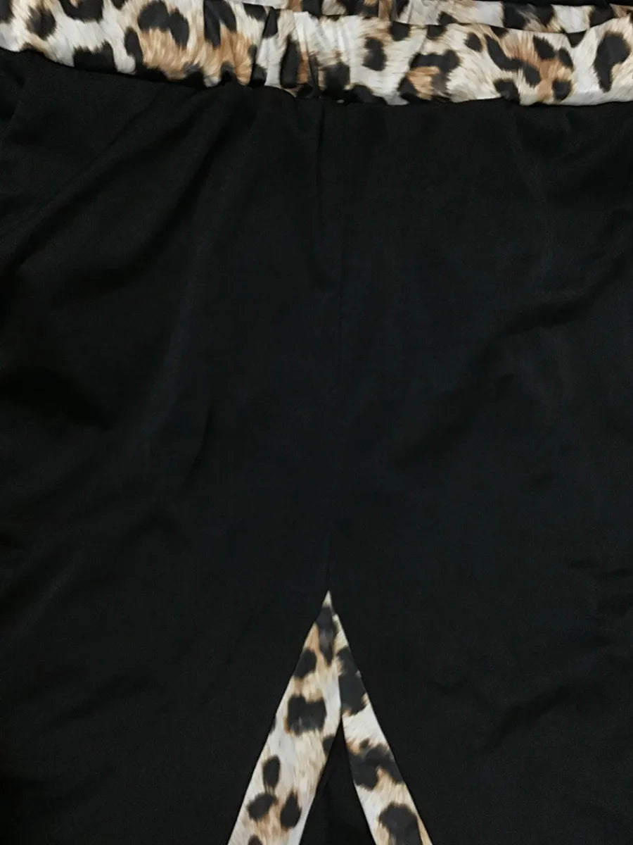 LW Plus Size Leopard Print Tracksuit Set Women Patchwork Zipper Design Mandarin Collar Long Sleeve Two Piece Pants Matching Set