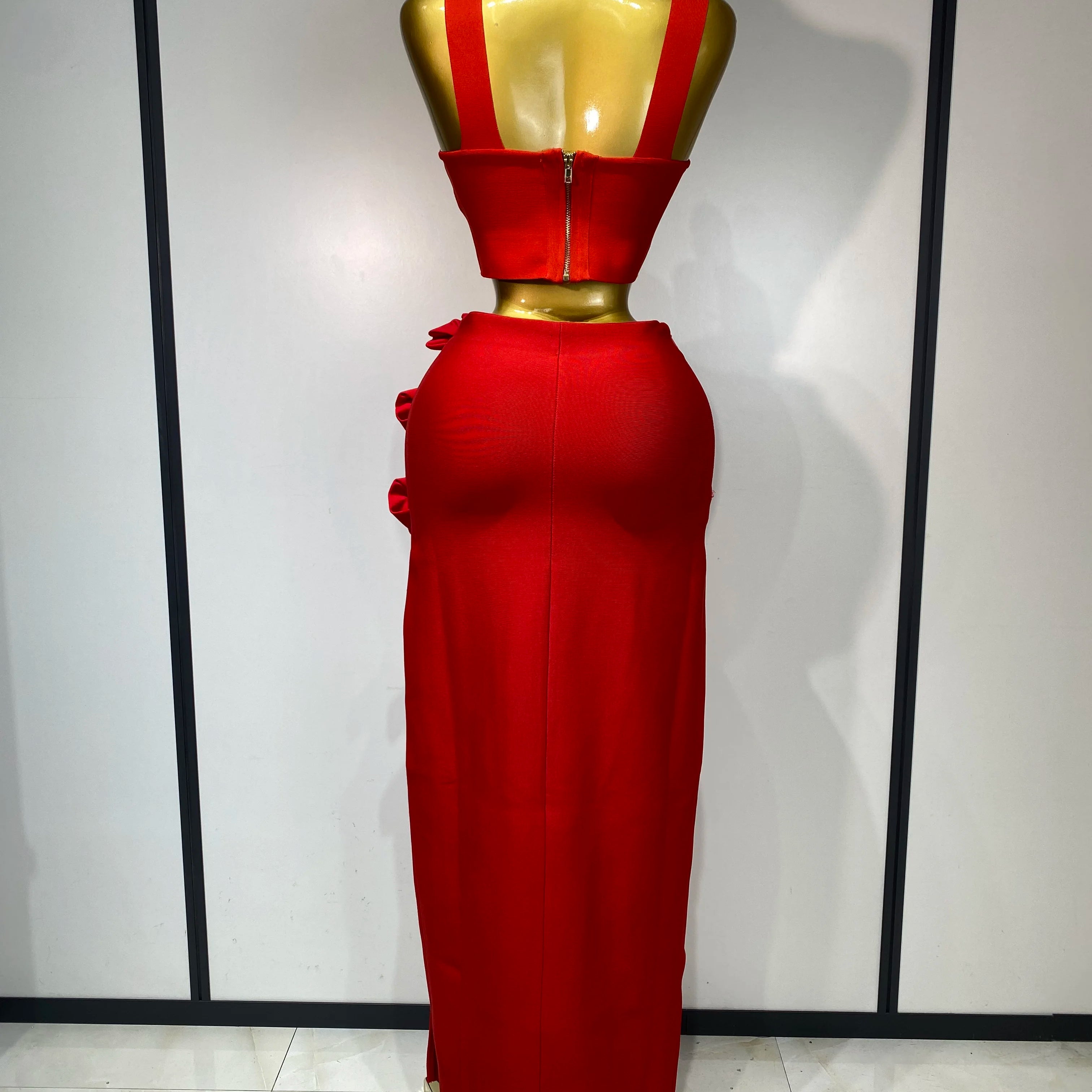 Women Red Top Flower Skirt Two Piece Set Evening Party Nightclub Elegant Host Tight Sexy Club Bodycon Bandage Long Skirt