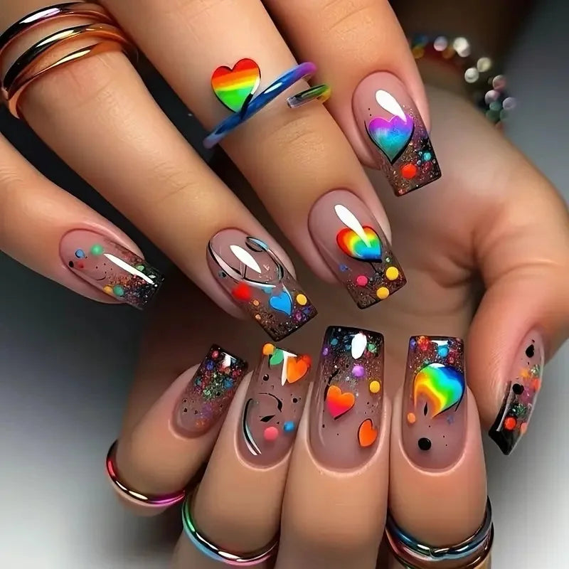 24pcs/set Medium long square fake nails for women girls cute heart flowers feather butterfly design press on false nail art tips 1879