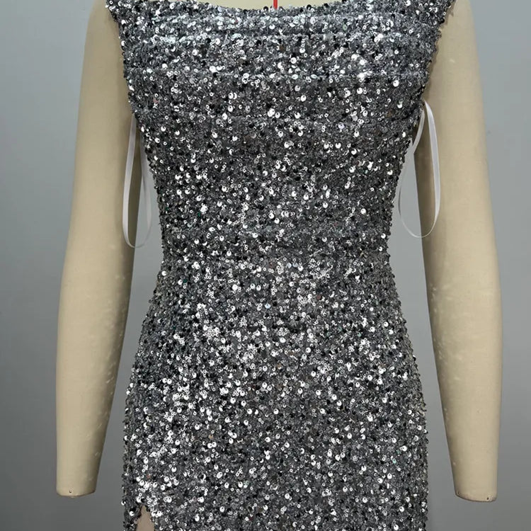 Women Sexy Strapless Backless Mesh Sequins Maxi Long Silver Bodycon Dress 2024 Elegant Party Evening Stage Performance Vestido