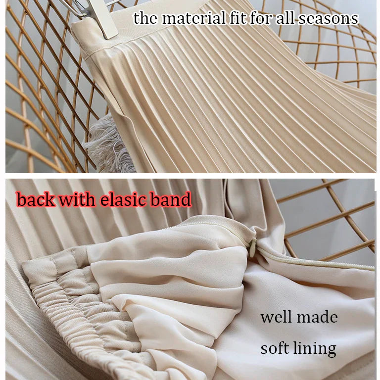 Brand Designer Women Spring Autumn Elegant Chic Solid Pleated Skirt High Waist Luxury Fashion With Elastic Female C-035