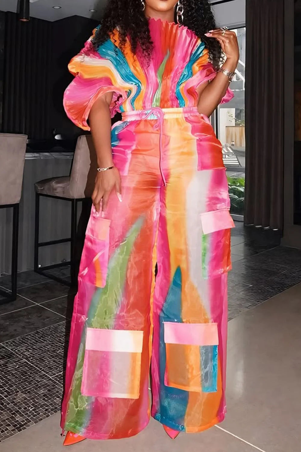 Plus Size Daily Hot Pink Gradient Round Neck Batwing Sleeve Half Sleeve Cargo Pleated Two Piece Pant Sets