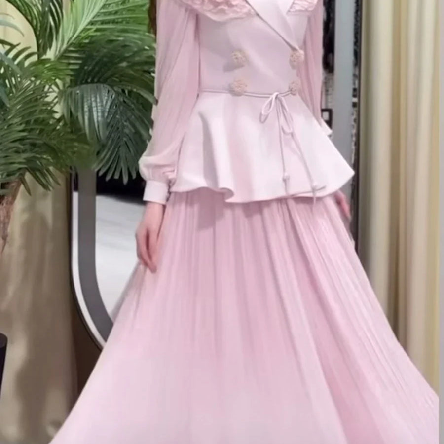 Slimming Two Piece Sets for Women Lapel Long Sleeves Spliced Double Bteasted Top Patchwork Mesh Skirt Female New PINK