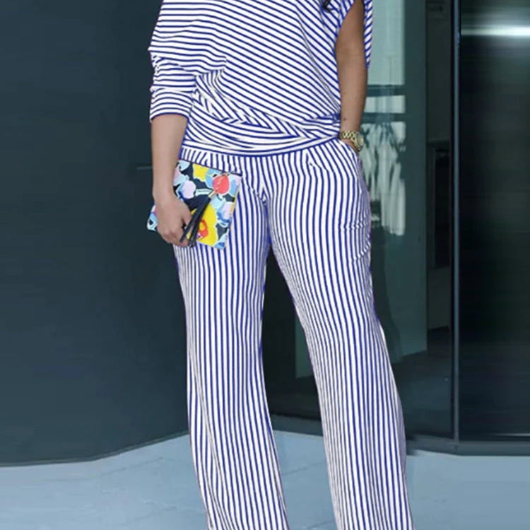 VONDA Plus Size Women Matching Sets 2025 Elegant Off Shoulder Pant Sets Printed Striped Trousers Suits Tops and Wide Leg Pants Blue