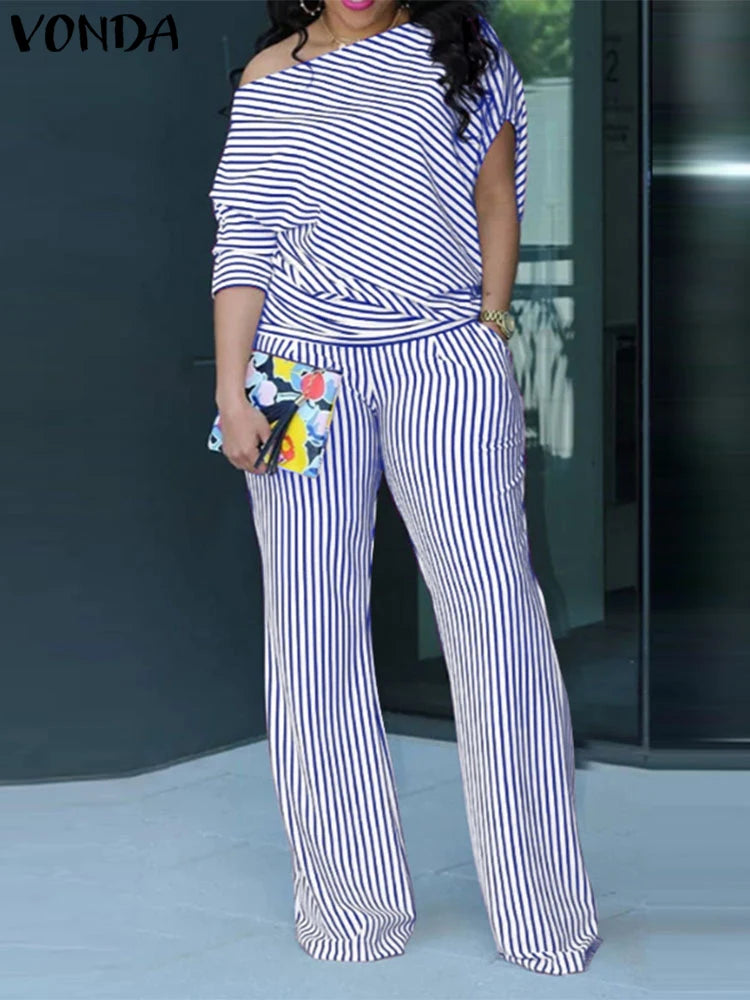 VONDA Plus Size Women Matching Sets 2025 Elegant Off Shoulder Pant Sets Printed Striped Trousers Suits Tops and Wide Leg Pants Blue