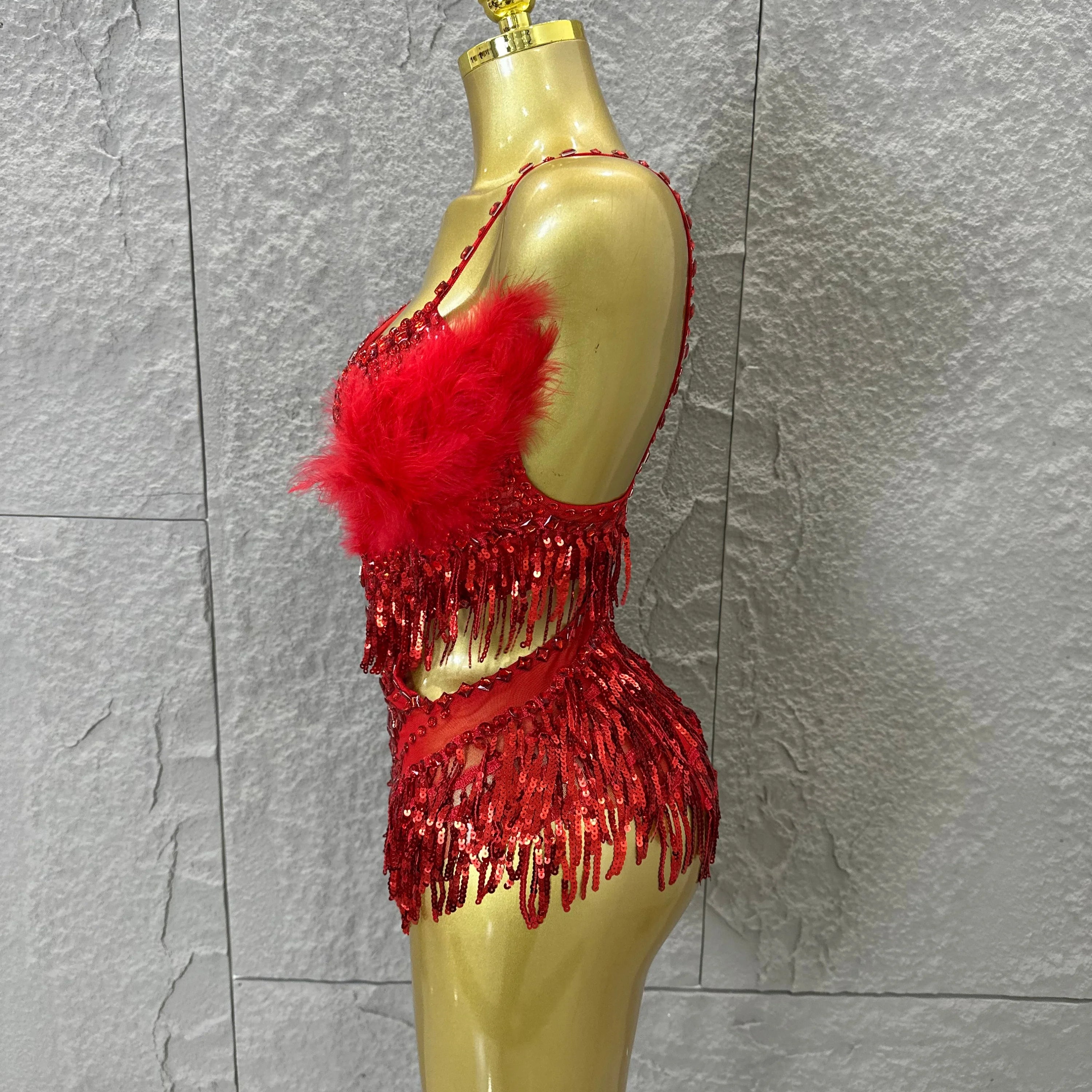 Luxurious Sheer Mesh Bodysuit Women Sexy Crystal Embellished Feather Fringe Trim Spaghetti Strap Outfit Stage Performance Outfit