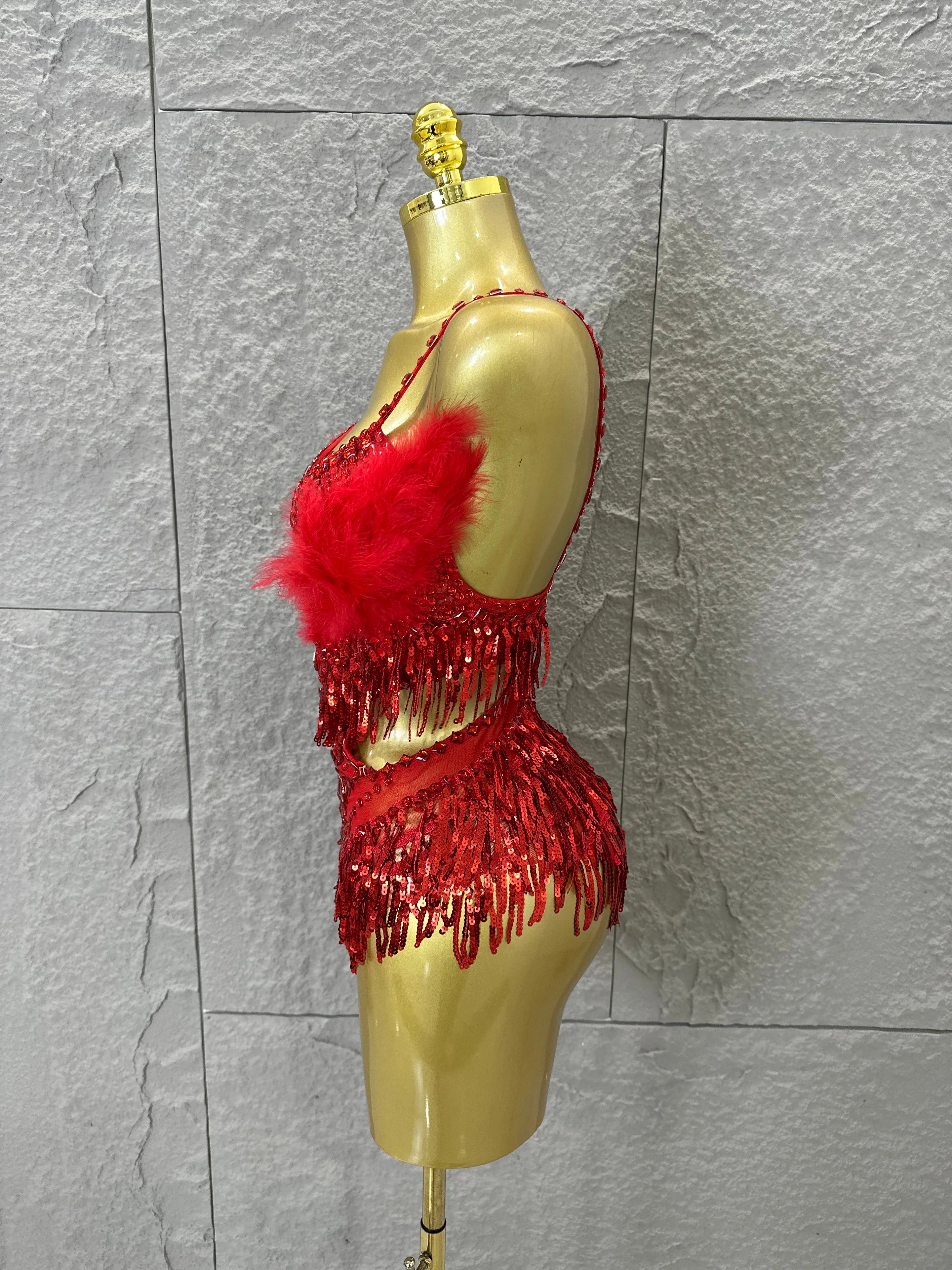 Luxurious Sheer Mesh Bodysuit Women Sexy Crystal Embellished Feather Fringe Trim Spaghetti Strap Outfit Stage Performance Outfit