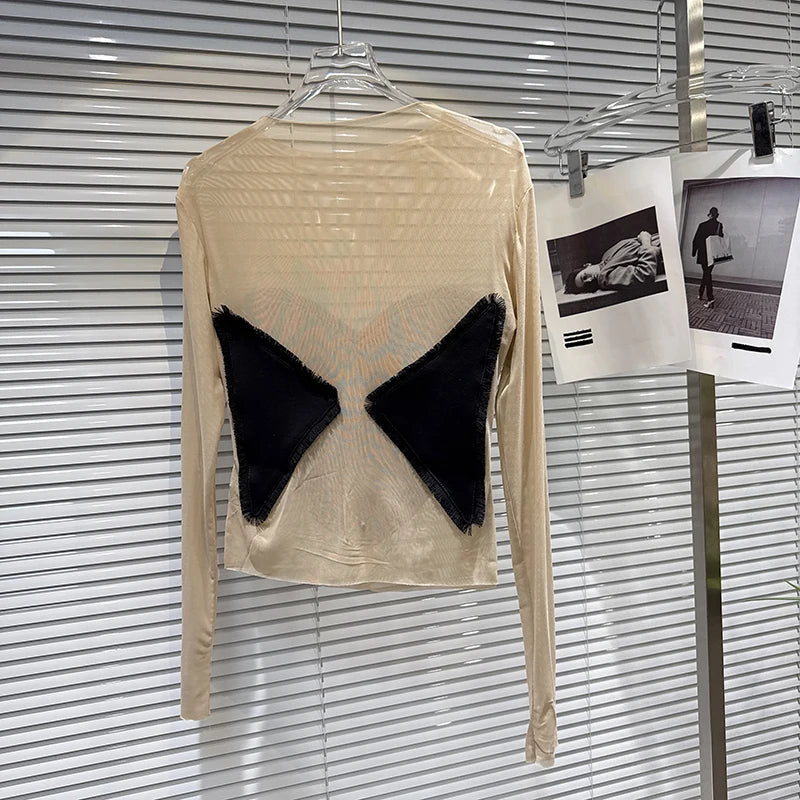 Winter New Fashion Heart Pattern Contrast Color Long Sleeve Mesh T-Shirt For Women Versatile Slim Fit Tops 11A07586