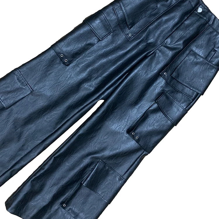 Mauroicardi Autumn Baggy Black Faux Leather Wide Leg Cargo Pants Men with Many Pockets Luxury Mens Designer European Clothing