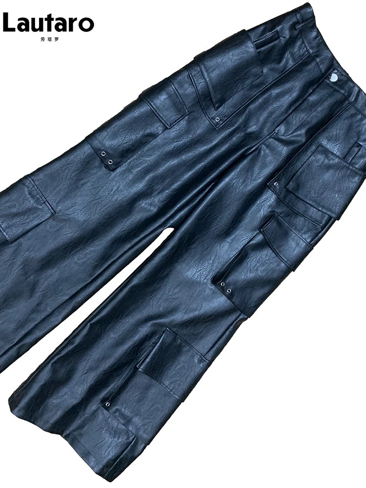 Mauroicardi Autumn Baggy Black Faux Leather Wide Leg Cargo Pants Men with Many Pockets Luxury Mens Designer European Clothing