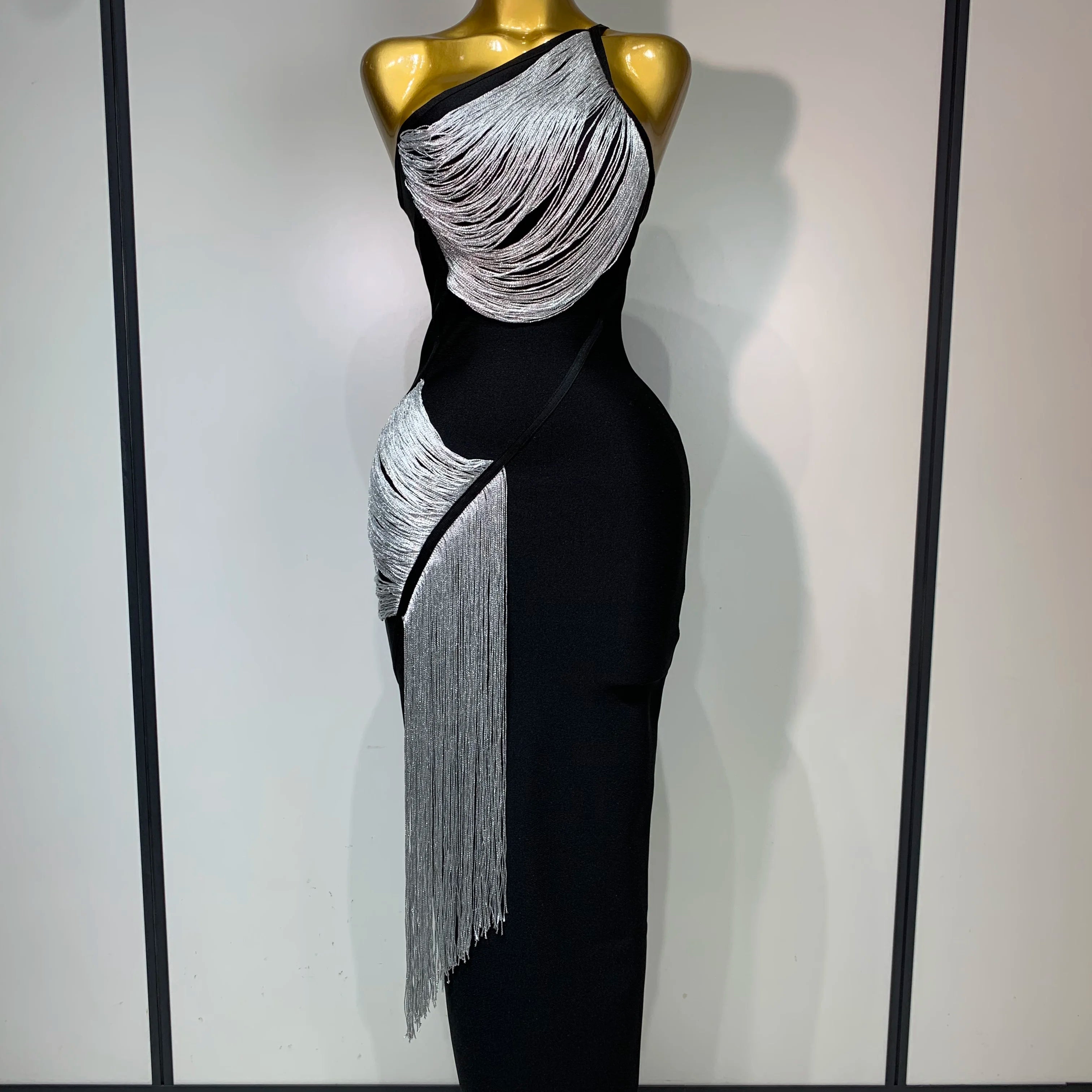 Women Sexy Slanted Collar Silver Tassel Bandage Dress Women Black Sleeveless Bodycon Dresses Evening Party Club Birthday Gowns black